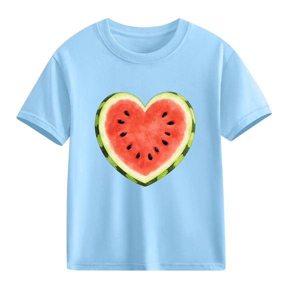 Kids Summer T-Shirt Girls Cute Watermelon Heart Print Short Sleeve Tee 100% Cotton Casual Top Blue,Size 4 T