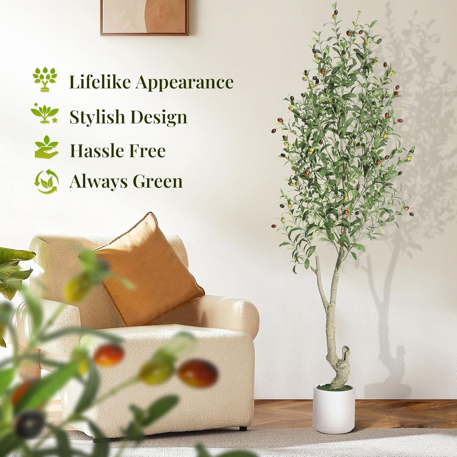Tall Faux Olive Tree, 6ft(72in) Olive Trees Artificial Indoor with White Planter and Green Fake Moss for Home Office Living Room Bedroom Stairs Foyer Decor, 1 Pack