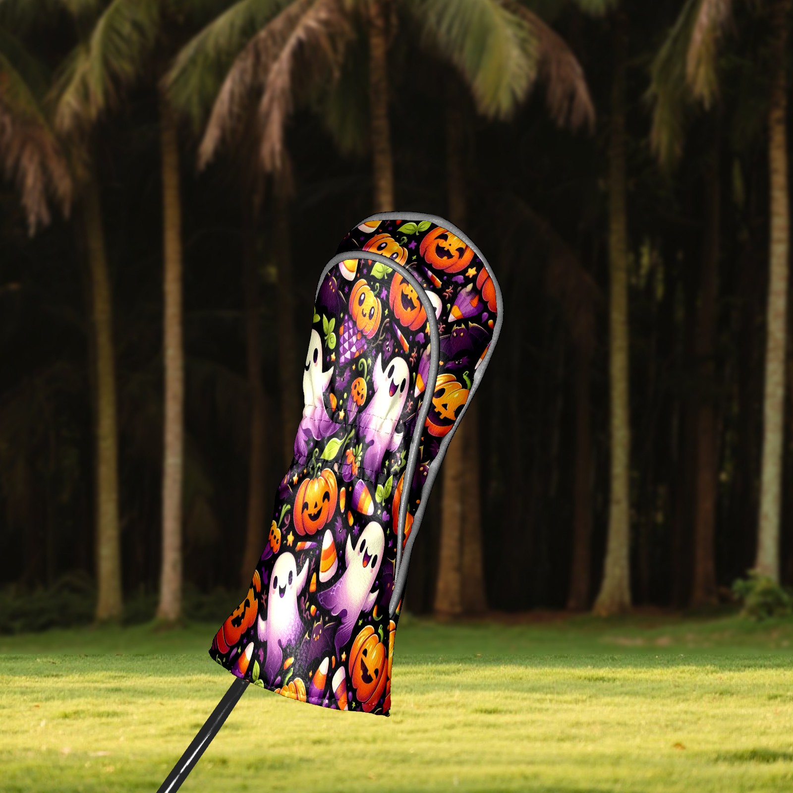 Golf Club Covers, Orange Halloween Ghosts Premium PU Leather Driver Hybrid Putter Head Covers with Velvet Lining, Waterproof Golf Gifts for Men Women
