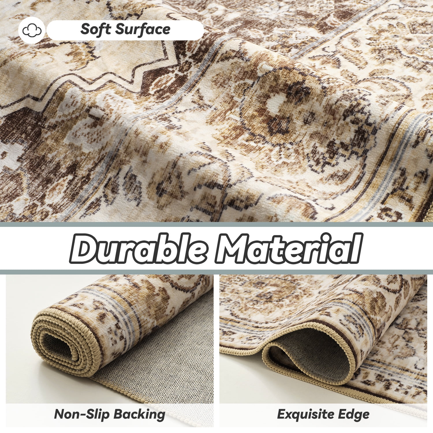 SIXHOME 9'x12' Area Rugs for Living Room Washable Traditional Brown Distressed Carpet Non Slip Ultra Soft Retro Floral Throw Indoor Rug for Bedroom Dinning Room Office Home