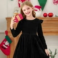 thumbnail image 4 of YunPes Girl's Christmas Velvet Dress A-Line Crewneck Flannel Skirt Dresses Ruffle Shoulder Long Sleeve Dress Prom Party Outfits, 4 of 7