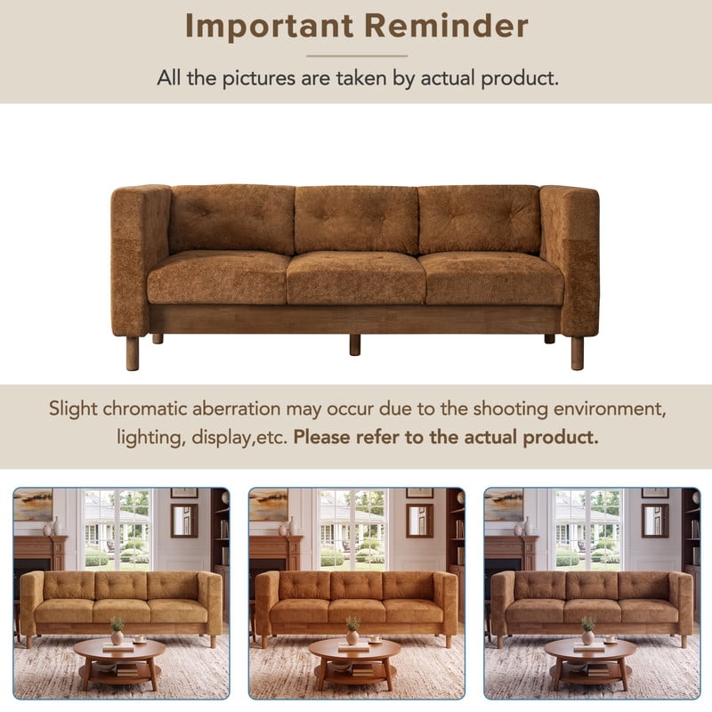 78" Modern Upholstered 3-Seater Sofa with Solid Wood Legs, Chenille Soft Couch with Square Arms & Tufted Pillow Back