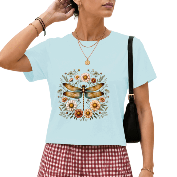 Giffimy Women's Blue Watercolor Dragonfly Wildflower Wreath Graphic Short Sleeve Crop T-Shirt XS-XL Breathable Crewneck Top