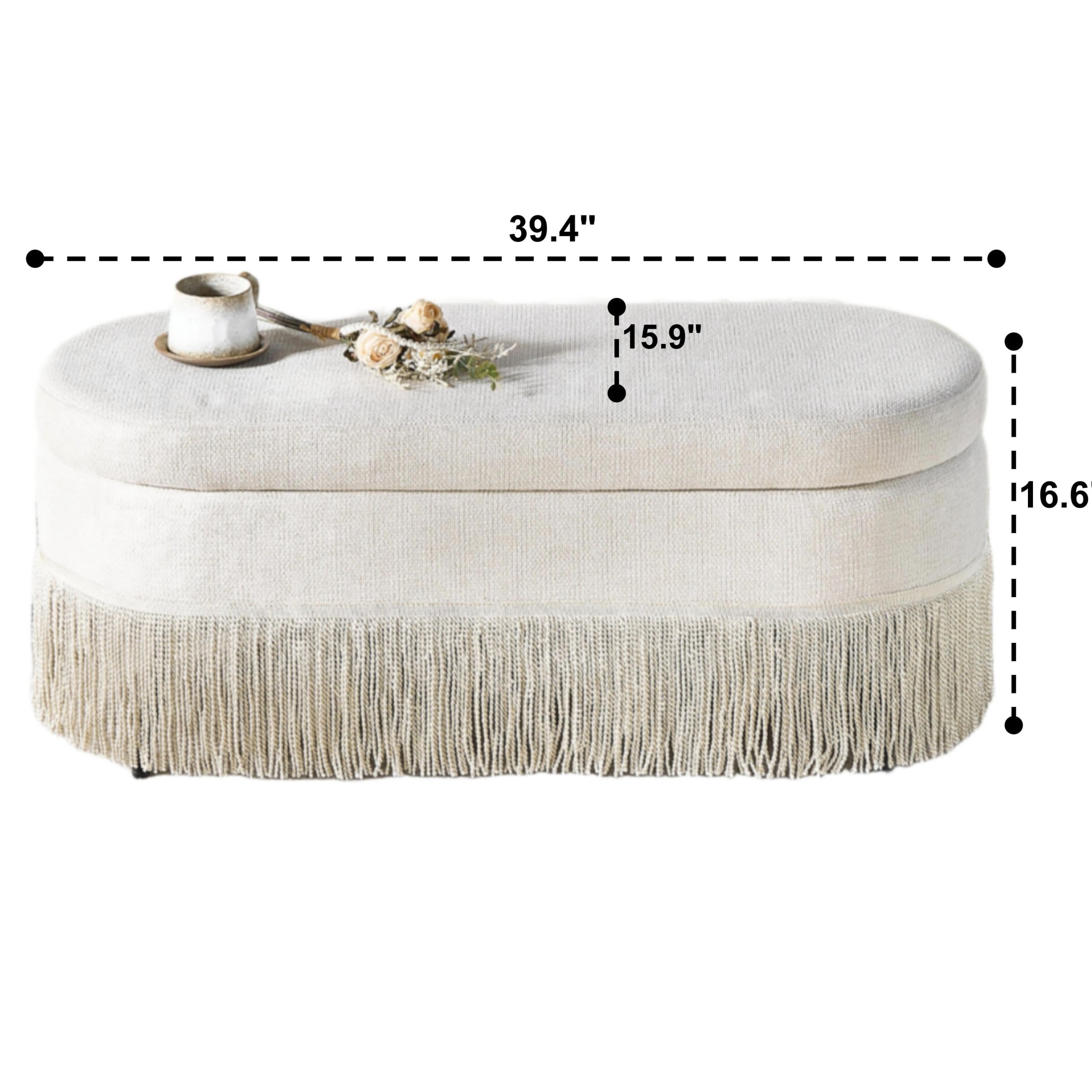 Noble House Ciara 39" Oval Upholstered Storage Ottoman, Lift Top Bench with Boho Fringe Trim, Multi-Functional Footrest, Beige