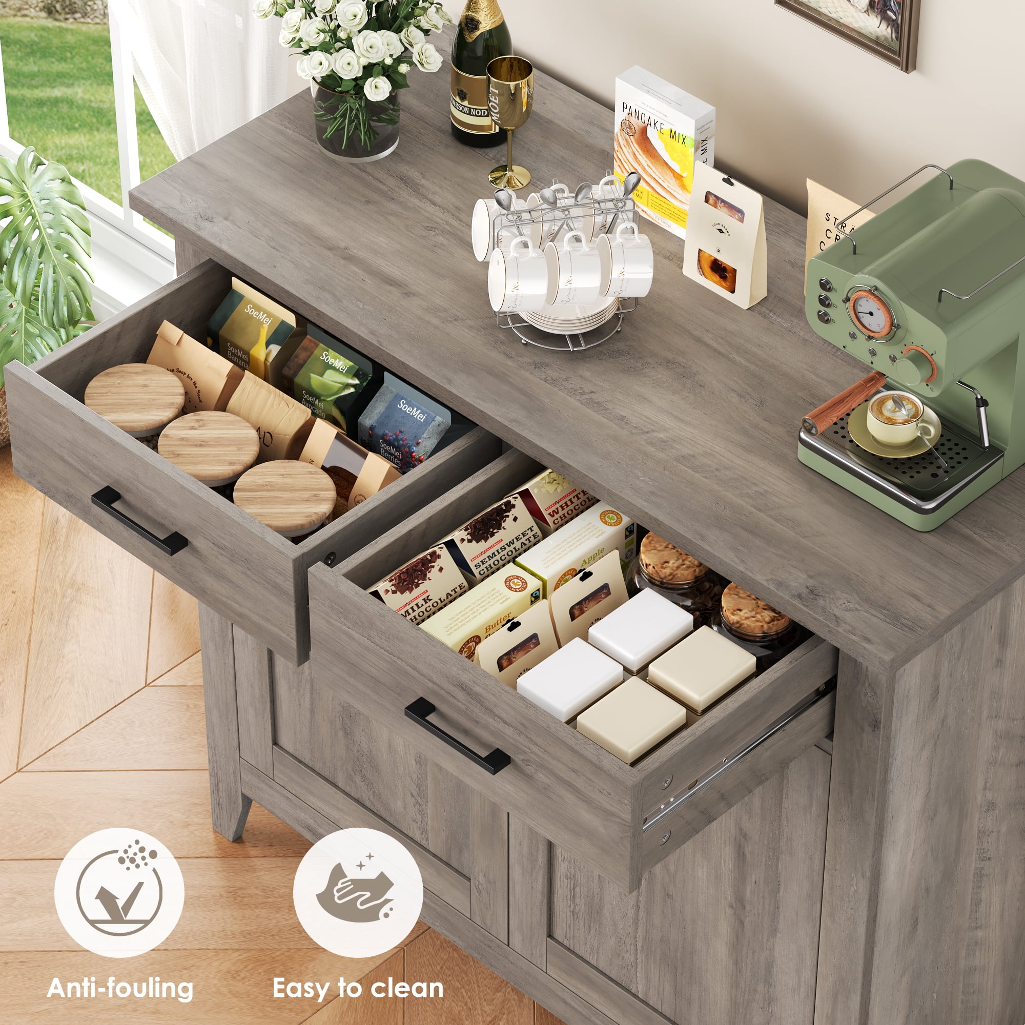 Homfa Kitchen Storage Cabinet, Sideboard Buffet Coffee Bar with 2 Drawers and 2 Doors for Dining Room Living Room, Gray