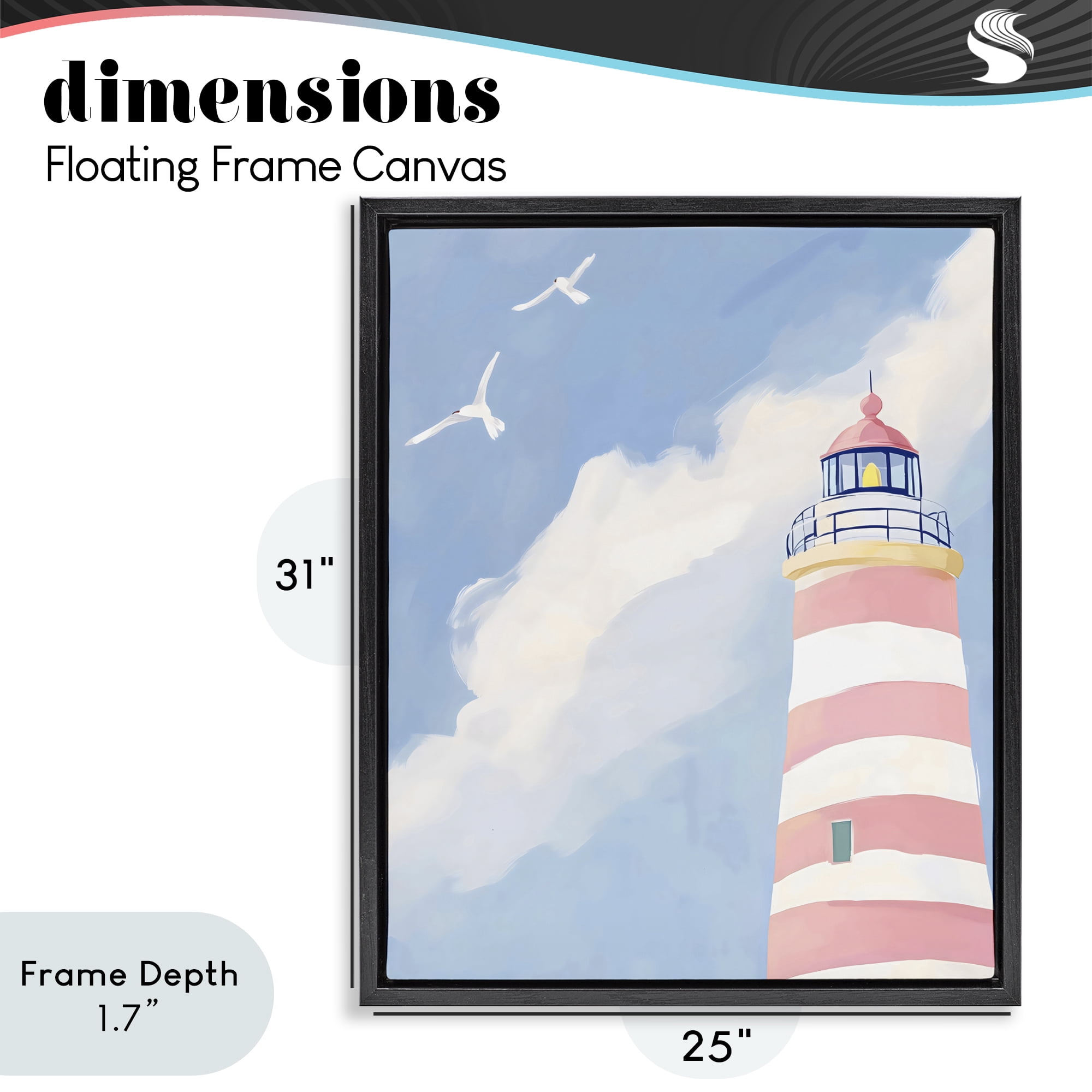 Stupell Industries Striped Lighthouse with Seagulls Black Framed Floater Canvas Wall Art, design by The Prints Vibe