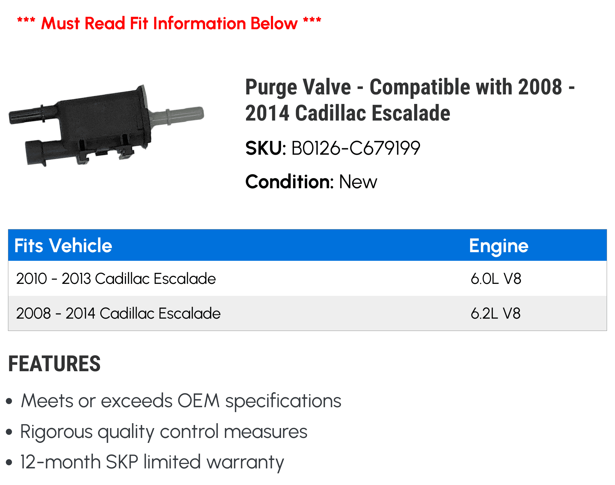 Purge Valve - Compatible with 2008 - 2014 Cadillac Escalade 2009 2010 2011 2012 2013