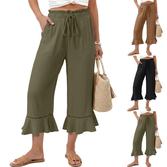 Womens Wide Leg Pants Drawstring Elastic High Waisted Ruffle Hem Capri Pants with Pockets Green XL