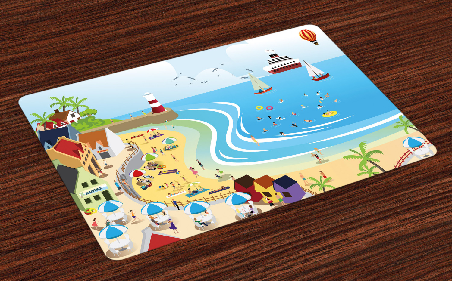 Beach Placemats Set of 4 Tropical Summer Holiday Destinations Cartoon Style Town Illustration