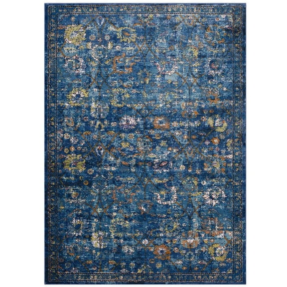 Modway Minu 4' x 6' Floral Lattice Area Rug in Dark Blue and Yellow