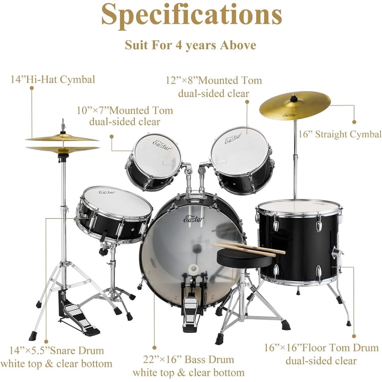 Eastar 5-Piece Full-Size Drum Set for Beginners, Black photo 3