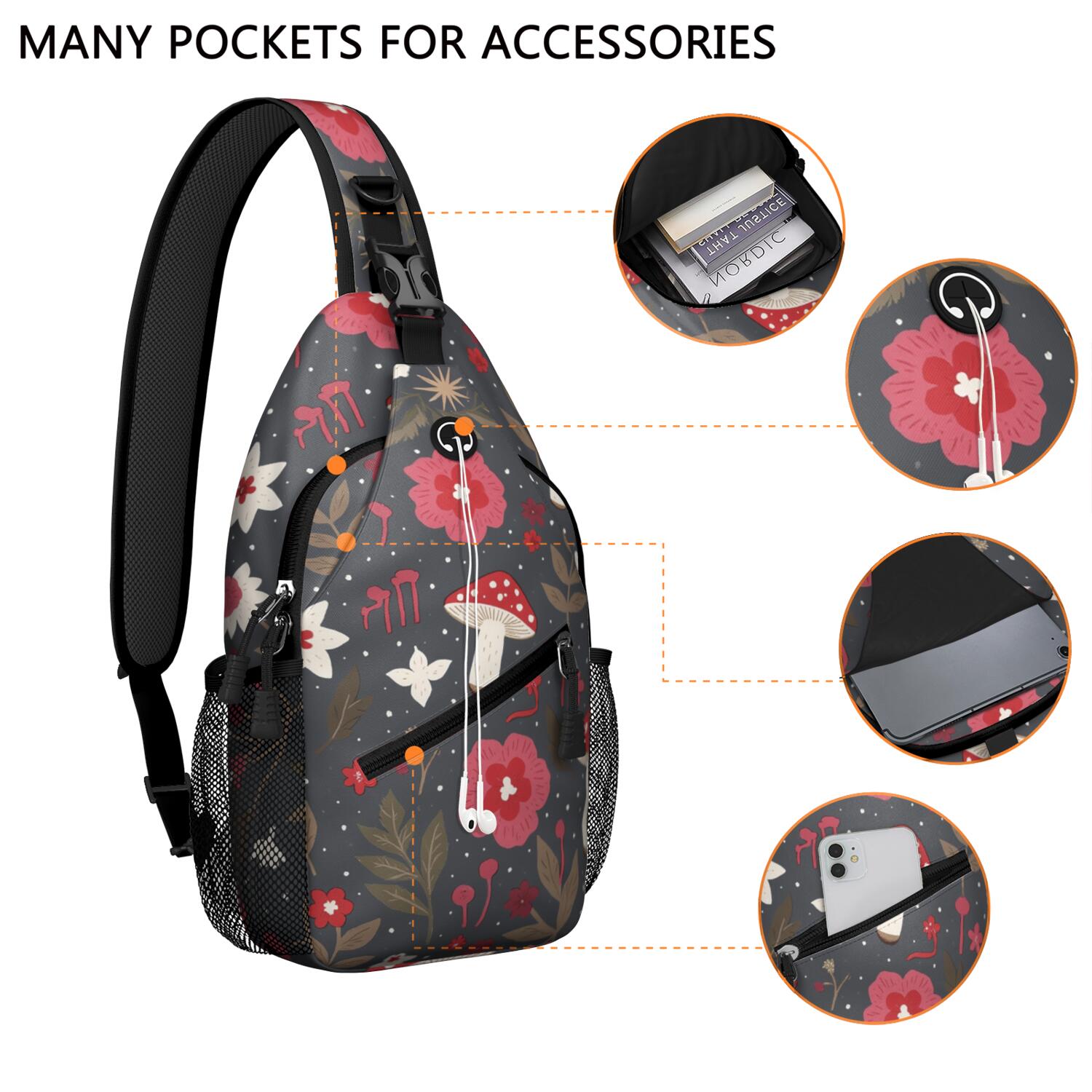 Mushroom Sling Bag for Women Men Hiking Sling Backpack Backpack Purse for Traveling Office Hiking Sling Pack Trendy Sling Backpack