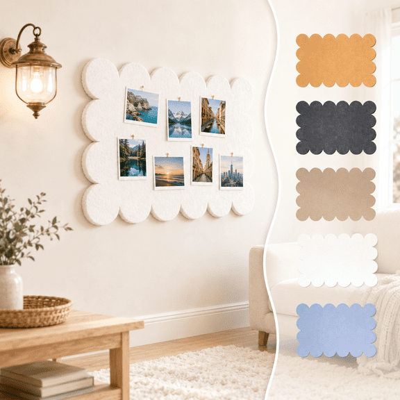 Fabric Bulletin Board, Scalloped Border Peel and Stick Note Board, 0.35 Inch Thick Photo Display for Bedroom Office Kitchen Wall, Orange