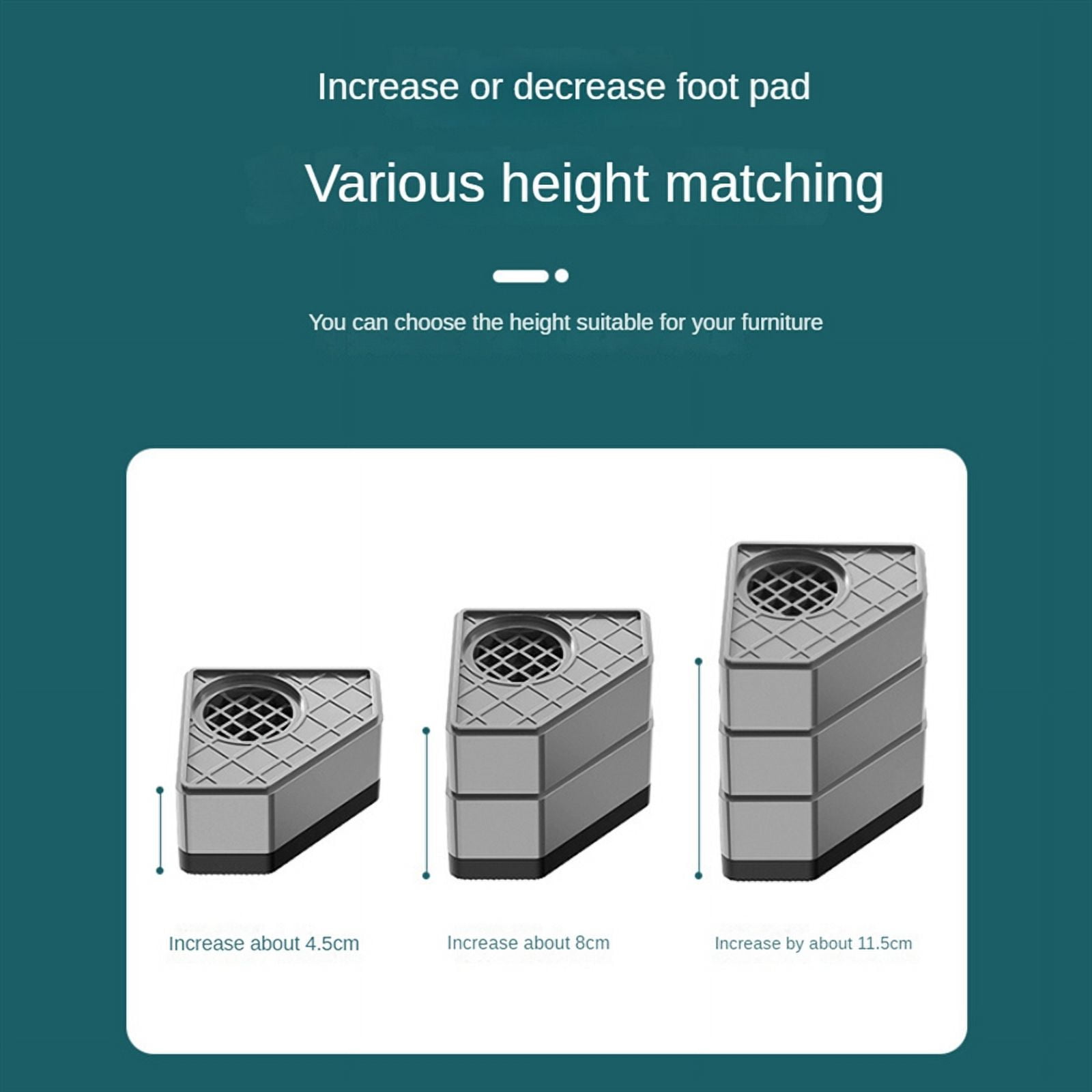4Pcs Washing Machine Height Increase Pads Anti Pads Silent Skid Raiser Mat Refrigerator Dryer Support Stand 11.5CM,4 x Washing Machine Feet Pads,Gray & Black
