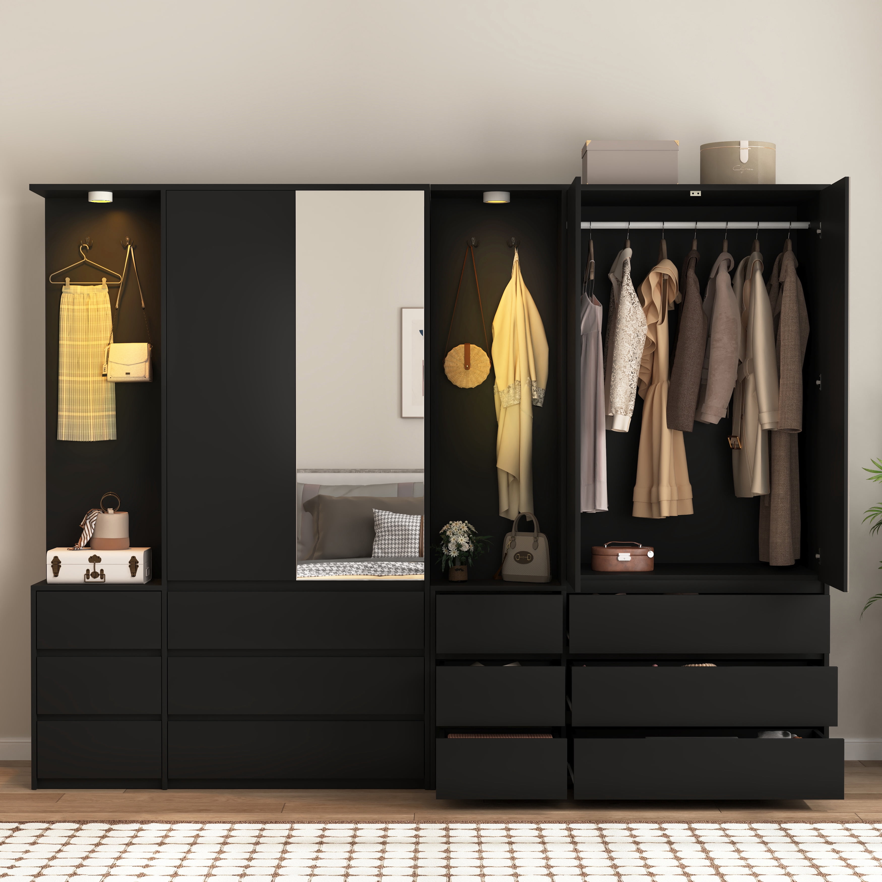 Mintazer Freestanding Wardrobe Armoire with Mirror Door, Open Coat Nook & 6 Drawers, 71" Tall Clothing Storage Cabinet with Hanging Rod & Light for Bedroom, Black
