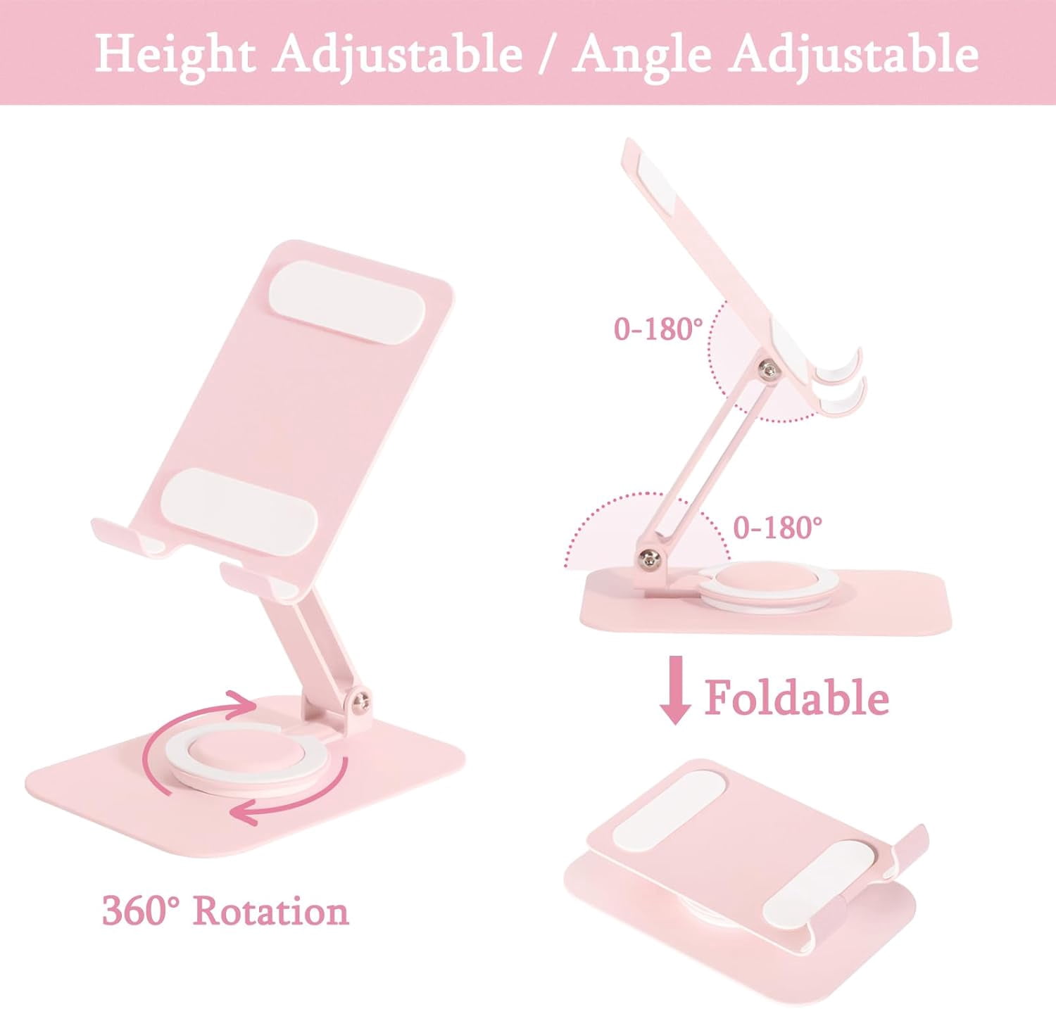 Adjustable Metal Phone Stand for Desk – Foldable 360° Rotating Phone Holder Compatible with iPhone 17/16/15/14 Pro Max/Air, Galaxy S25/S26 & Google Pixel 10a – Pink