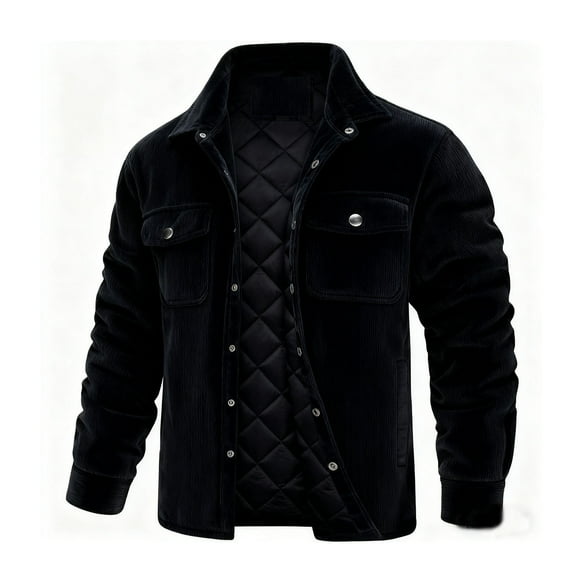 Mrmaere Men's Collared Corduroy Jacket Quilted Lining Warm Casual Outerwear for Daily & Leisure Wear Black L
