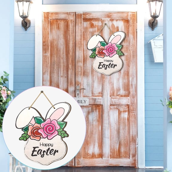 CoreLiving Happy Easter Wooden Plaque Sign Bunny Rabbit Decorations for Home Indoor Outdoor Spring Wall Art Hanging Door Wreath Front Door Welcome Ornament