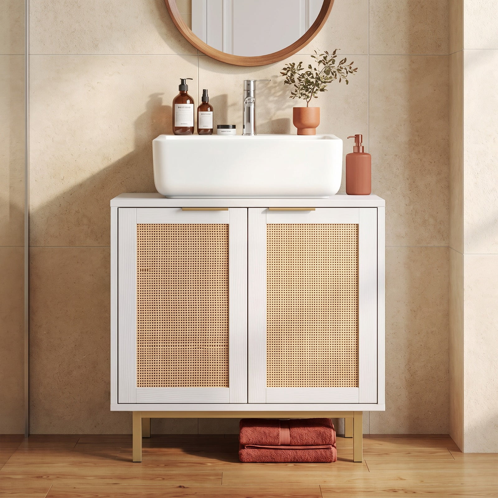 Vebreda Freestanding Bathroom Storage Cabinet, Bathroom Vanity Cabinet with U-Shaped Cut-Out 2 Rattan Doors and Shelf, Hidden Sink Organizer