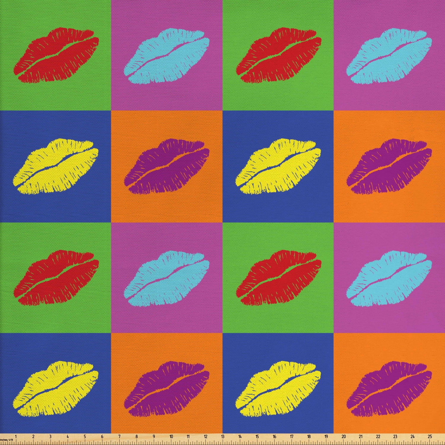 Kiss Fabric by The Yard, Pop Art Style Lipstick Kisses on Vibrant