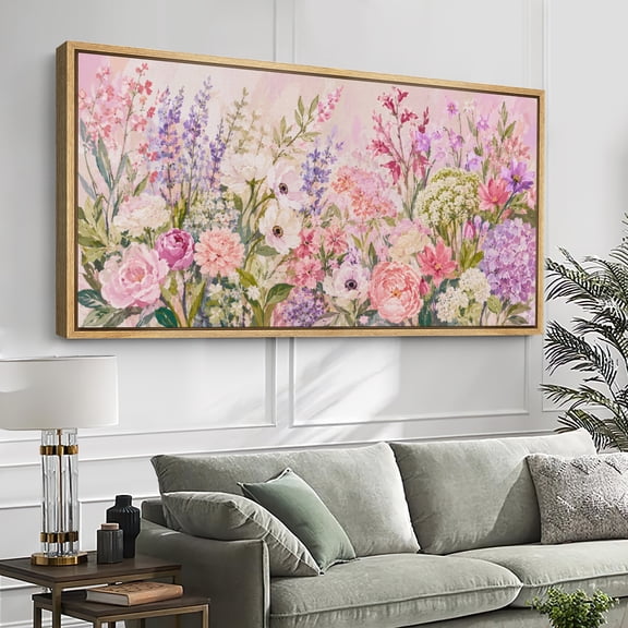 Large Framed Canvas Wall Art Vintage Wildflower Meadow Print for Living Room Decoration - 60"x30" Natural Frame