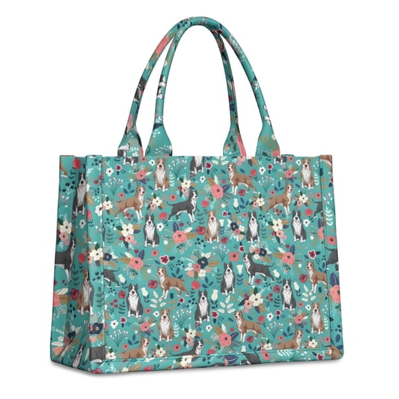 Large Capacity Tote Bag,Pitbull Dog and Flower Floral Handbag Fashion Luxury Tote Bag,15.7"x13"x 5.1" Inches,Laptop Compatible