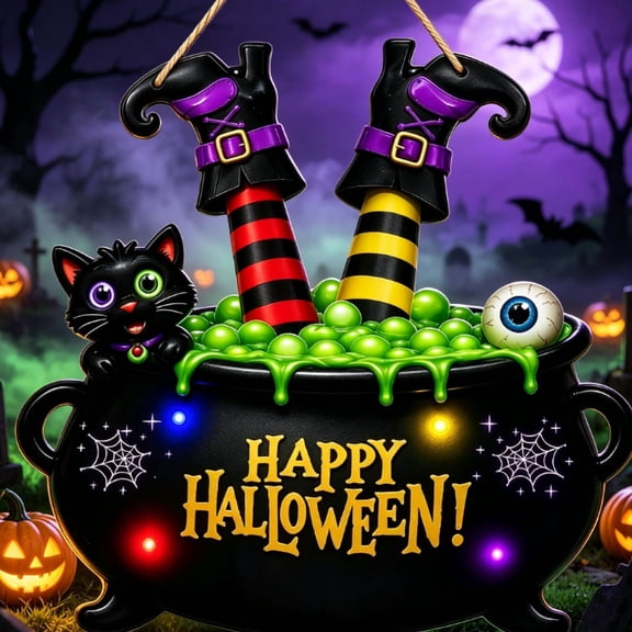 Halloween Wooden Door Wreath Sign, Happy Halloween Witch Feet Wall Decor with Black Cat & Spider for Front Door, Porch & Farmhouse Display