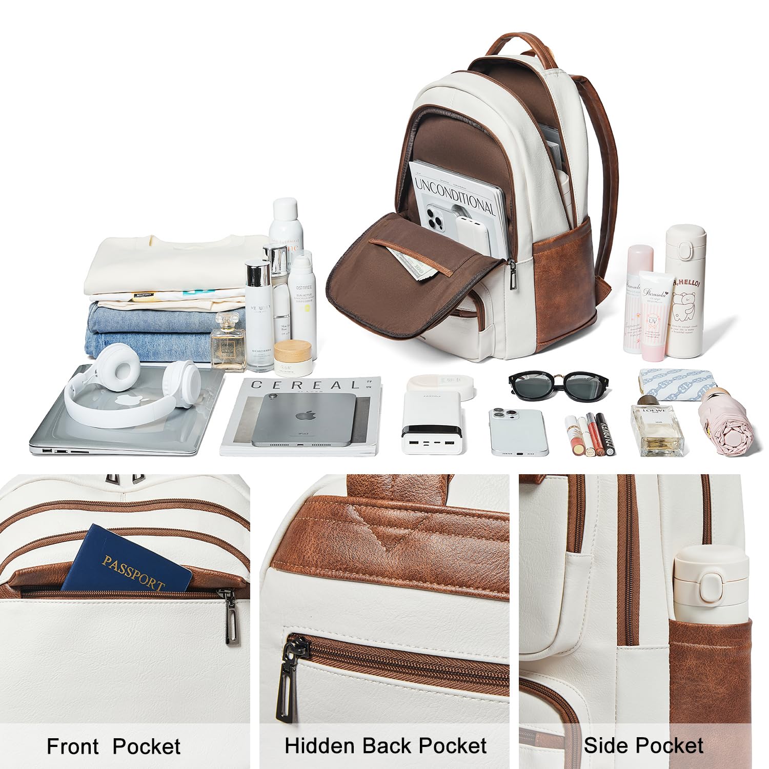 43L Backpack Purse for Women Travel Backpack Leather Large Women 17 16 15.6 Inch Laptop Bag Handbags For Travel Work College Large Beige