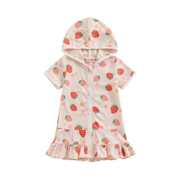 Suealasg Kids Toddler Girls Swimsuit Cover up Short Sleeve Strawberry Print Hooded Bathrobe 1T 2T 3T 4T 5T 6T 7T 8T Little Girls Beach Cover up Rash Guards Bathing Suit