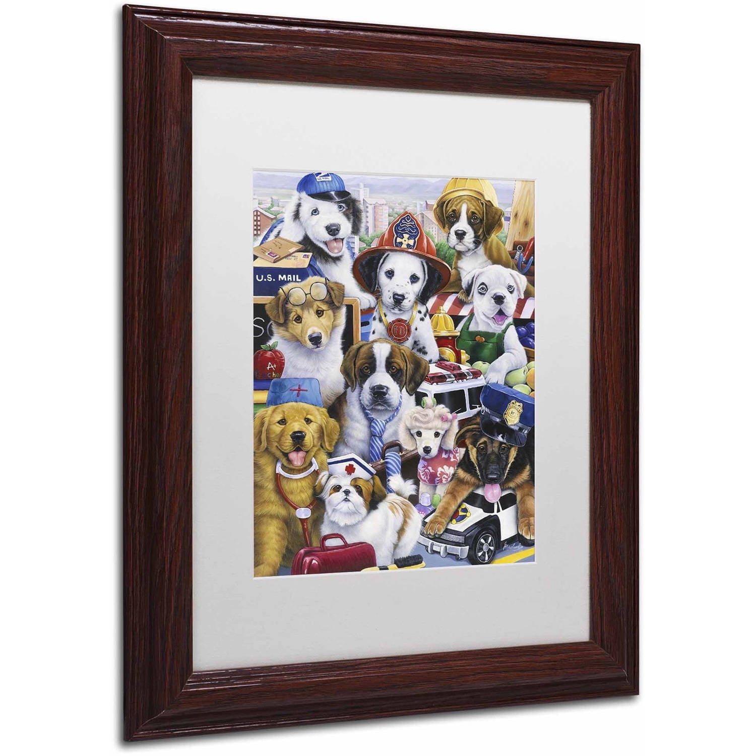 Trademark Fine Art 'Working Puppies' Canvas Art by Jenny Newland, White Matte, Wood Frame