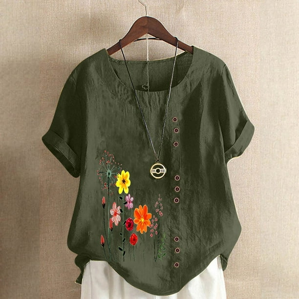 Fiudx Ofertas Flash Artículos En Oferta Camisa Holgada Informal de Verano con Cuello Redondo y Manga Corta con Estampado de Flores para Mujer