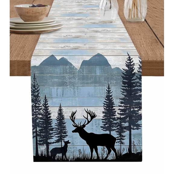 Farmhouse Deer Burlap Cotton Table Runner 13x36 Inches Short, Vintage Country Forest Mountain Wooden Farmhouse Table Runners, Outdoor Dining Tablecloths Decor for Baby Shower/Party/Wedding