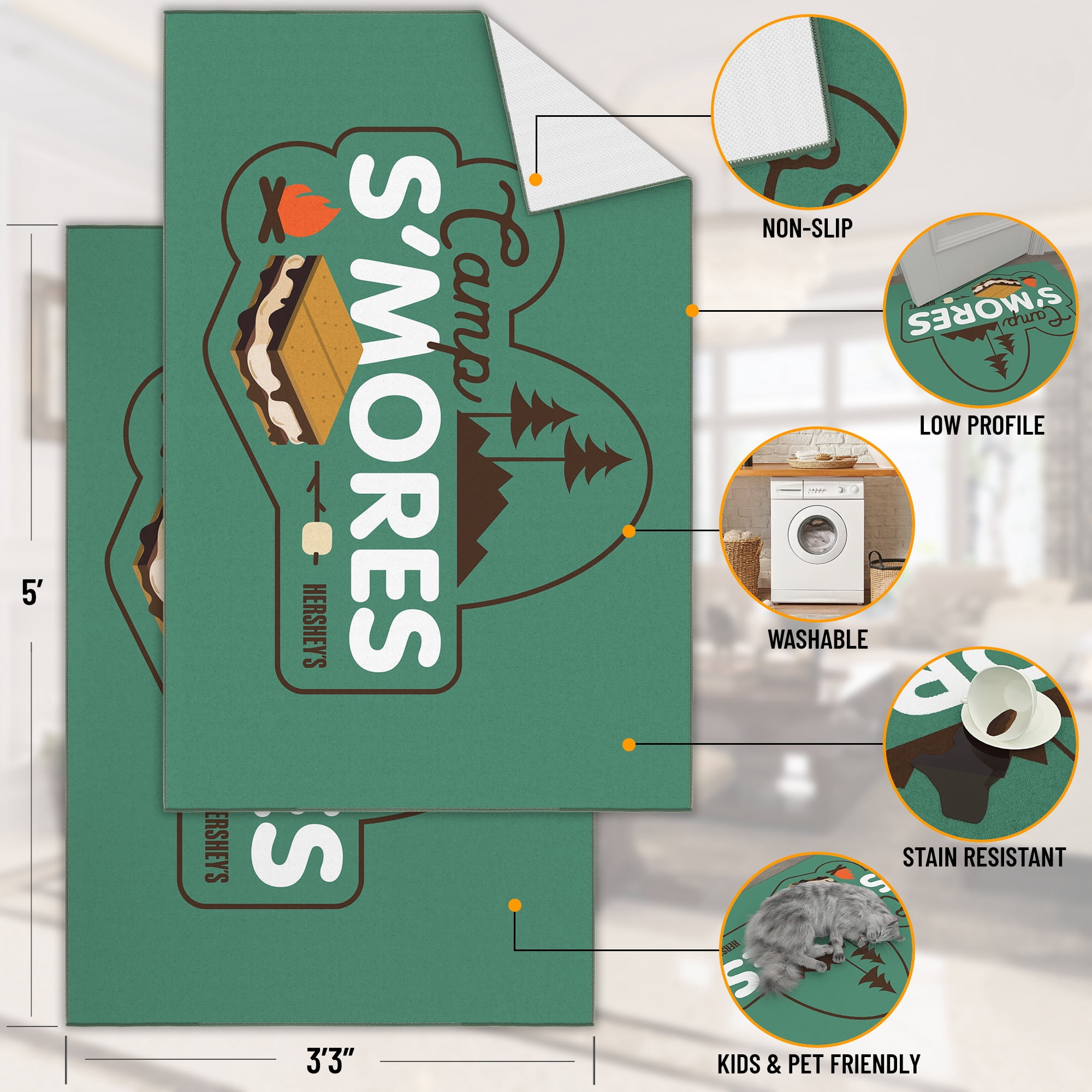 Ottomanson Hershey Smores Logo Non-Slip Rubberback 3x5 Machine Washable Area Rug, 3'3" x 5', Green