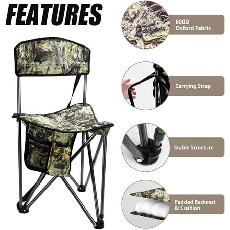 Portable Tripod Hunting Stool with Back Support Foldable Camo Chair Supports up to 250 LBS Ideal for Hunting Blinds Fishing Camping & Outdoor Adventures