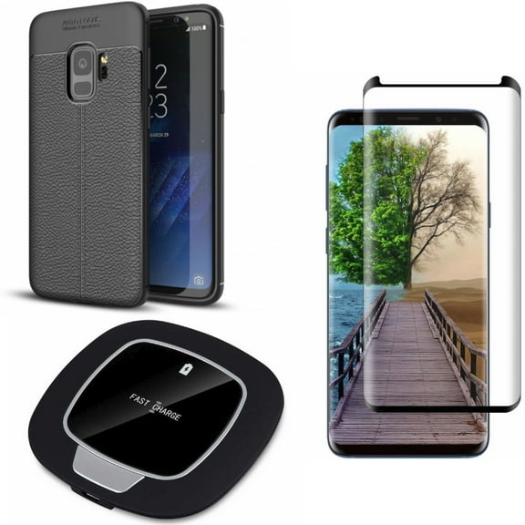 Galaxy S9 Plus Screen Protector w Wireless Charger w Case - Tempered Glass 5D Touch Curved Edge, Fast 7.5W and 10W Charging Pad, PU Leather Slim Fit Cover for Samsung Galaxy S9 Plus (S9 )