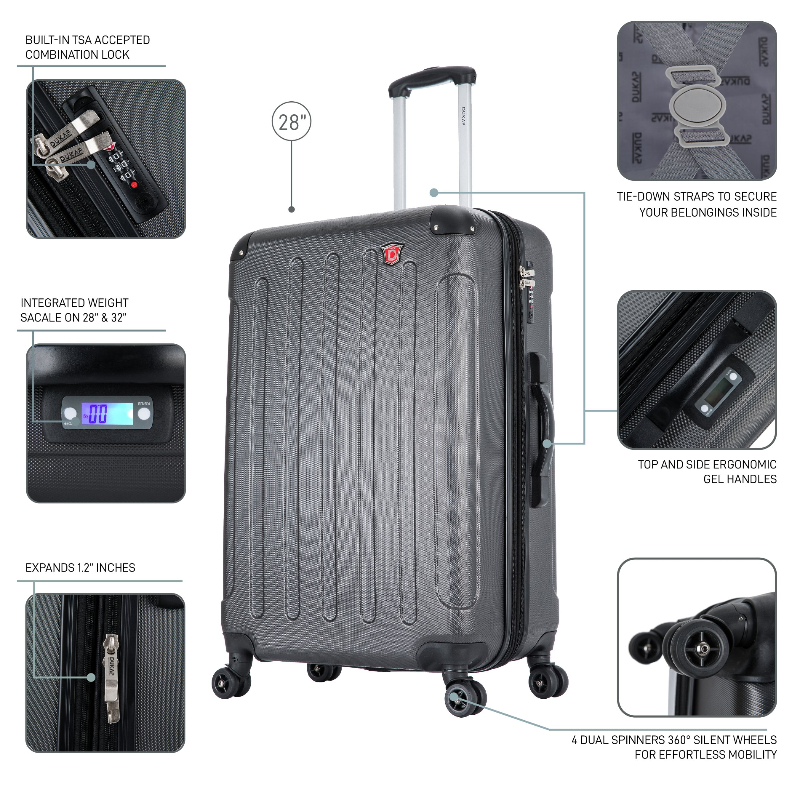 DUKAP Intely 28" Hardside Lightweight Luggage with Spinner Wheels and Integrated Weight Scale, Gray