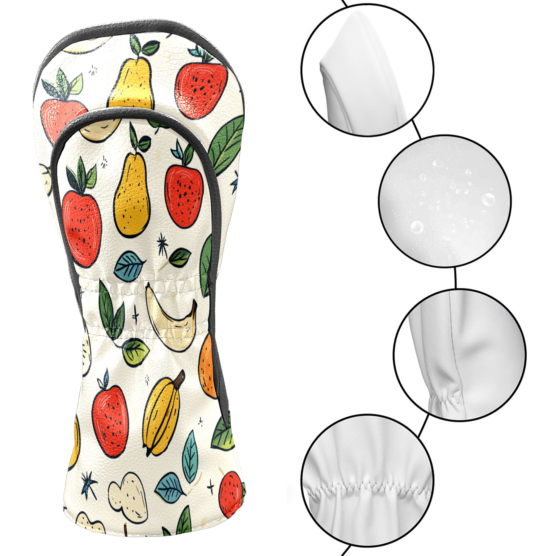 Golf Club Covers PU Leather Waterproof Head Covers for Fairway Woods Hybrids Fruit Pattern Unisex Fits Most Brands