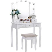 BEWISHOME Vanity Set with Lighted Mirror, Makeup Vanity with Tri-Folding Mirror 10 LED Bulbs, White Vanity Desk Vanity Table with 5 Drawers 2 DIY Dividers, Cushioned Stool, Movable Organizer FST09W
