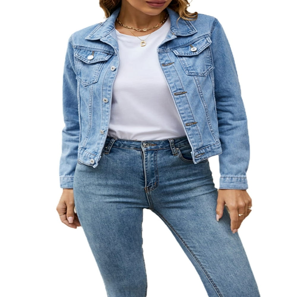 Women Button Down Jean Jacket Basic Long Sleeve Slim Fitted Denim