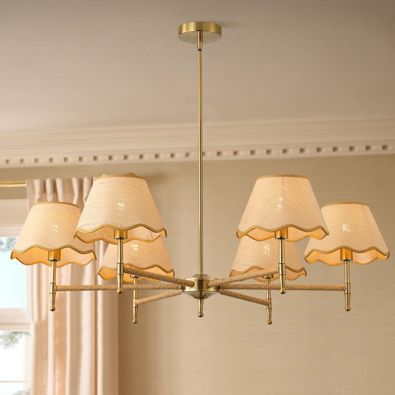 6-Light Pendant Hanging Light, Plated Cooper Dining Room Light Fixture with Paper Knitting Lampshade for Farmhouse