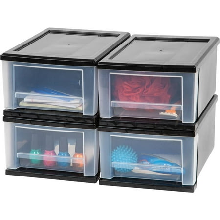 IRIS USA, 7 Quart Stacking Storage Box with Drawer, Black, 4 Pack