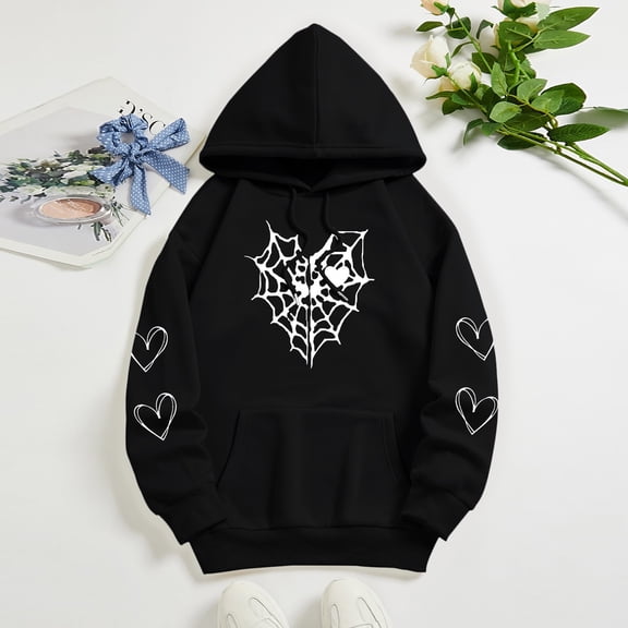 HIBRO Women Heart Print Gothic Style Long Sleeve Hoodlies Pullover Sweatshirts Hoodies With Pocket