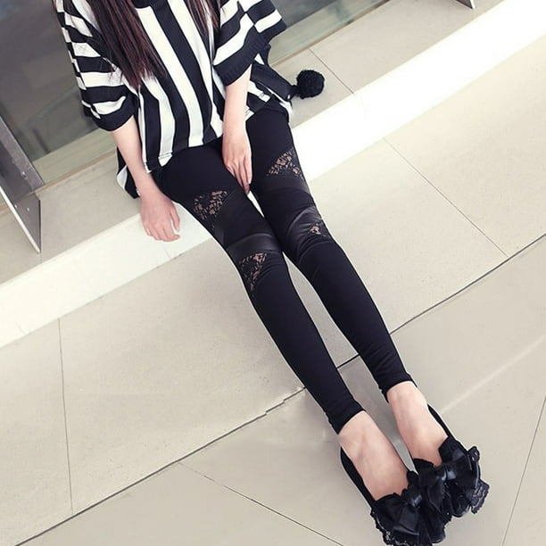 Black Cotton Lace PU Leather Women Stitching Lace Stretch Legging