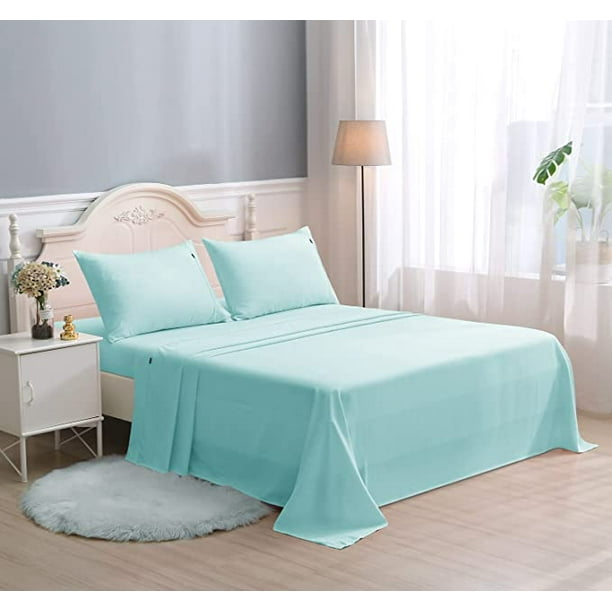 4 Piece Bamboo Microfiber Aqua Queen Sheet Set, Deep Pocket Bed Sheets