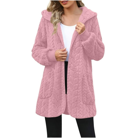 SYMOID Womens Pink Cable-Knit Hooded Cardigan - 100% Polyester Open-Front Mid-Length with Pockets for Fall Winter Casual Wear,Size L