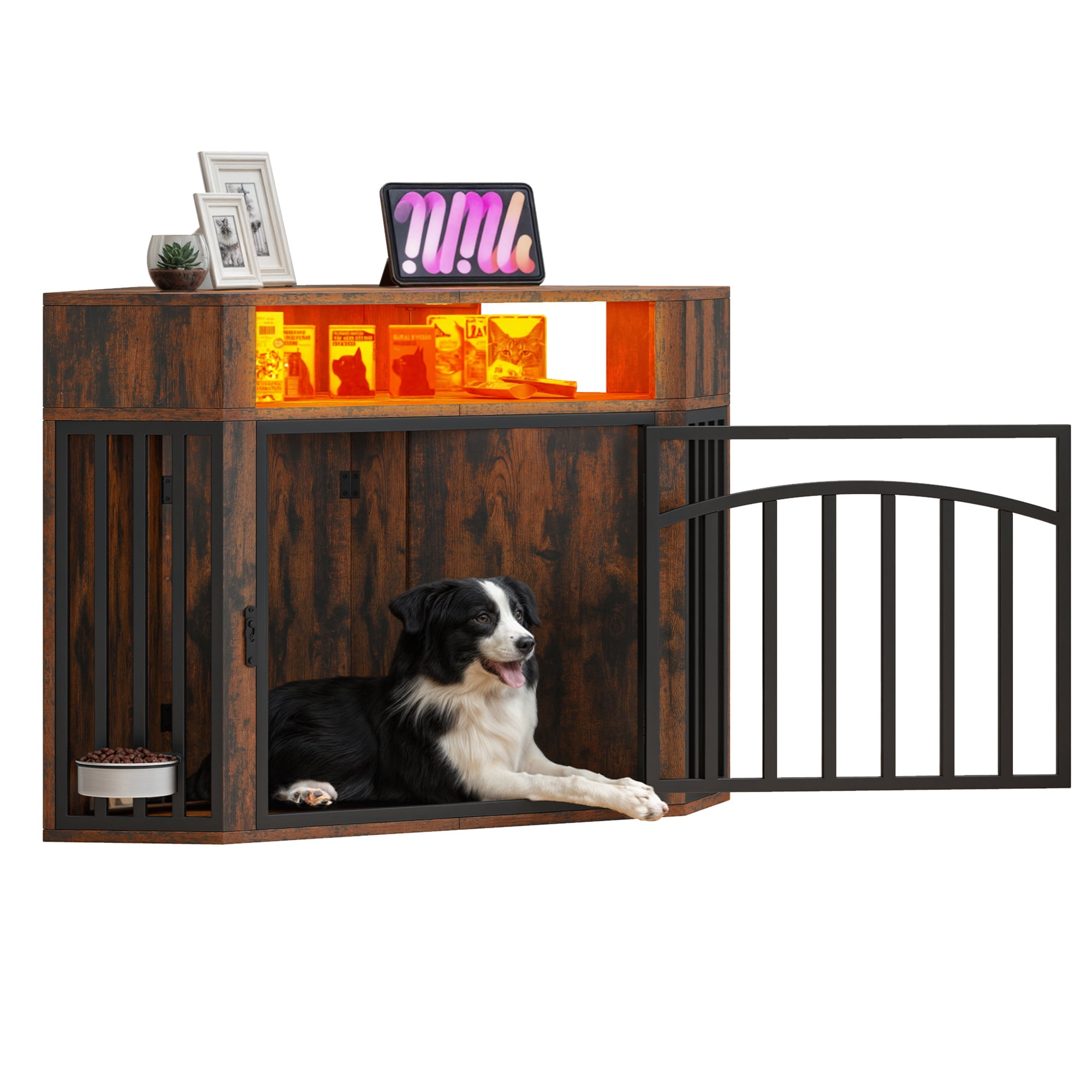 Uforic 52 Inch Rustic Brown Corner Dog Crate Furniture, Indoor Heavy Duty Kennel with LED Light, Power Outlets & 360° Bowl