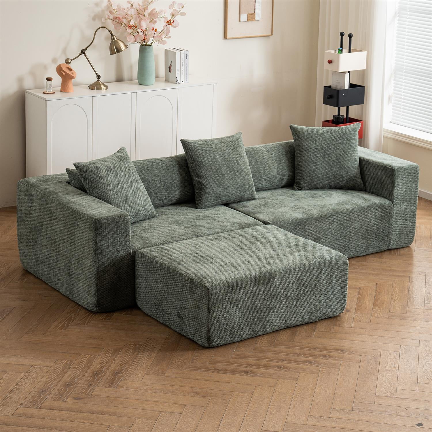 Demi Bonn 105" L-Shaped Modular Sofa Set, Soft Chenille Fabric Cloud Couch Lounge Chair for Living Room, Bedroom, No Installation Needed, Green