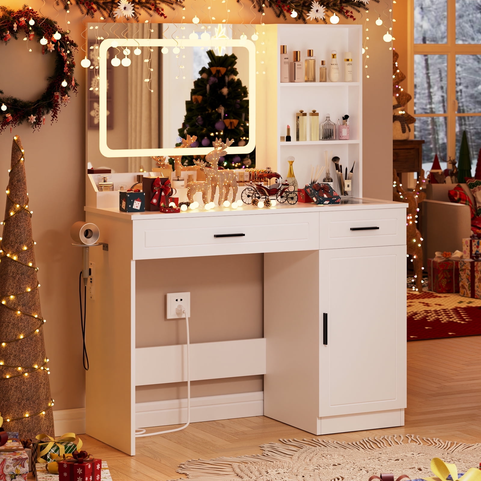 Hommpa Vanity Desk, Makeup Vanity with LED Lighted Mirror, Vanity with Glass Top Drawers, Vanity Table with Charging Station for Girls Bedroom Large Storage Cabinet Shelves, White