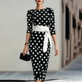 thumbnail image 2 of Women's Vintage Polka Dot Midi Dress, Crew Neck 3/4 Sleeve Self Tie Waist Slim Bodycon Knee-Length Pencil Dress Black L(L), 2 of 6