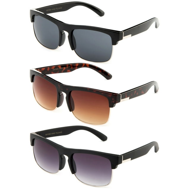 3 Pack Metal Rectangular Frame Plastic Top Bridge Fashion Sunglasses for Men for Women